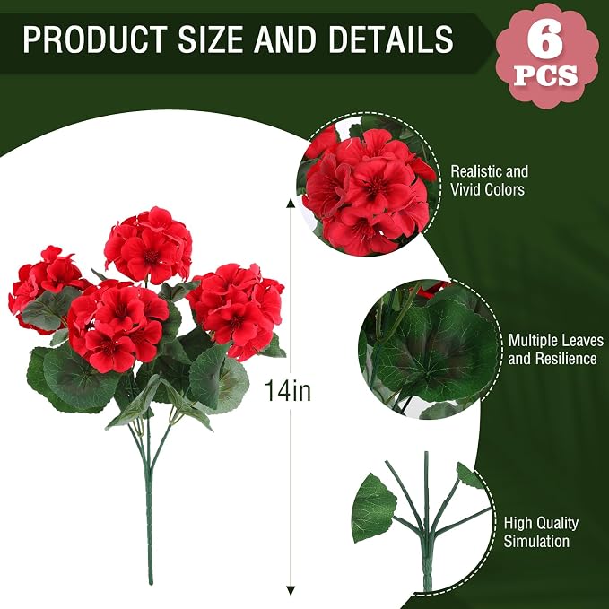 Hananona 6 Pcs Artificial Geranium Flowers - Image 2