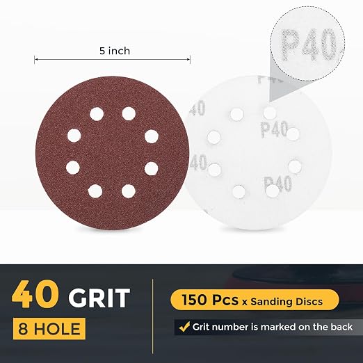 HARFINGTON 150 Pcs 5 Inch Sanding Discs 40 Grit Red Aluminum Oxide 8 Hole | - Image 2