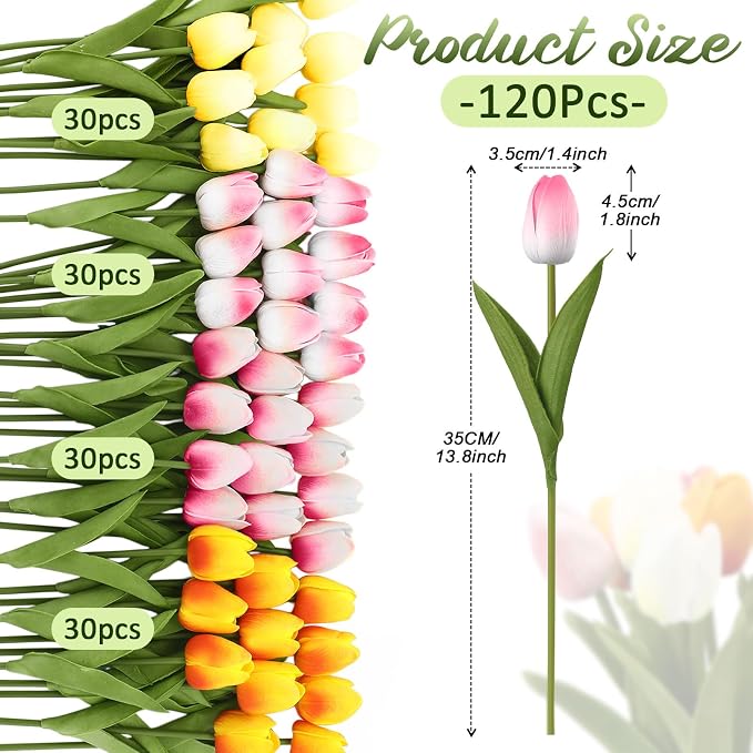 Janinka 120pcs Artificial Tulip Flowers Fake PU Tulips Faux Latex Bouquet - Image 2