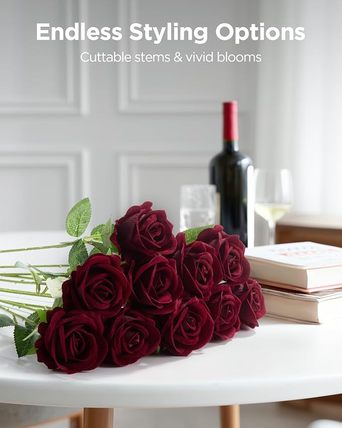 InnoGear Burgundy Roses Artificial Flowers 50 Pcs Fake Velvet Silk Floral | Bulk - Image 3