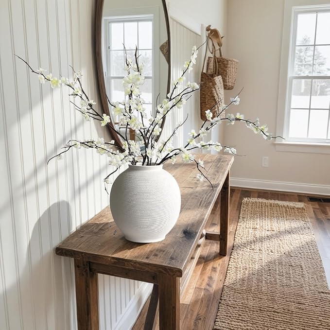 Large White Ceramic Vase, 10.8" Sandstone White | Round Rustic Table Vase - Image 8