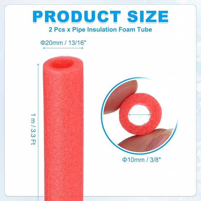 PATIKIL Pipe Insulation Foam Tube 3/8" x 3.3FT x 13/16" Red 2 Pcs | Heat - Image 2