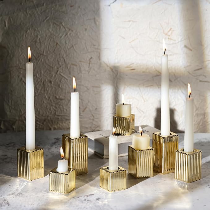 LETINE 12pcs Gold Vertical Stripe Glass Candlestick Holders by LETINE