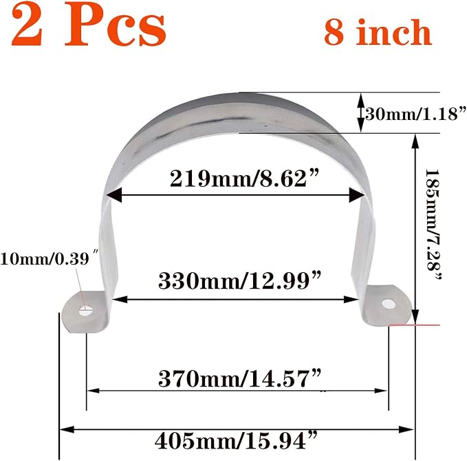 2 Pcs 8inch Rigid Pipe Strap, Two Hole Stainless Steel Strap U Bracket - Image 2