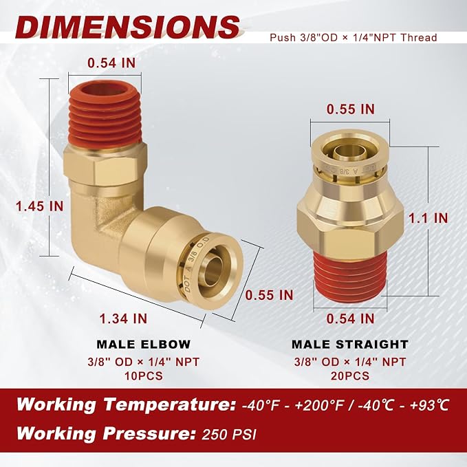 3/8" Tube x 1/4" NPT Male Straight & Elbow Brass Air Fittings Kit, 20 Straight - Image 5