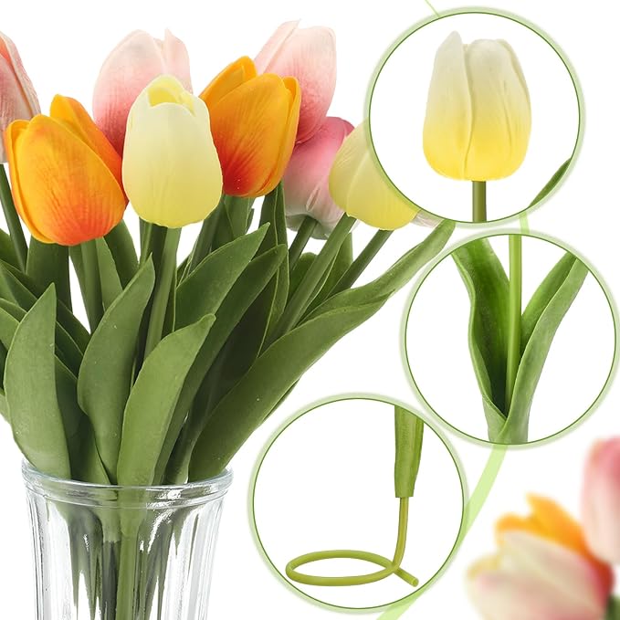 Janinka 64pcs Artificial Tulip Flowers Fake PU Tulips Faux Latex Bouquet Flower - Image 3