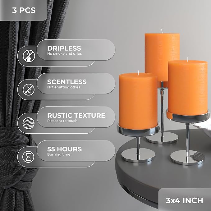 3x4 inch Pillar Candles Set of 3 – Unscented Dripless Rustic Orange Candles - Image 4