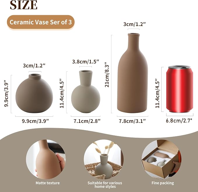Ceramic Vase Set of 3, Vases Home Decor Rustic Farmhouse Decorative Vase - Image 2