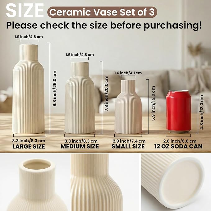 Beige Ceramic Flower Vases Set of 3, Modern Smooth Ribbed Texture, Nordic - Image 2