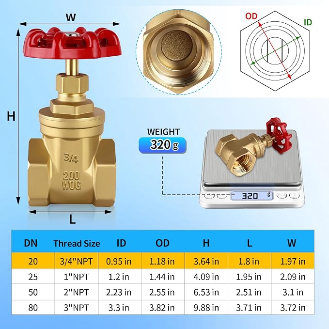 3/4’’NPT Brass Gate Valve, 200 WOG Manual Rotary Sluice Valve - Image 2