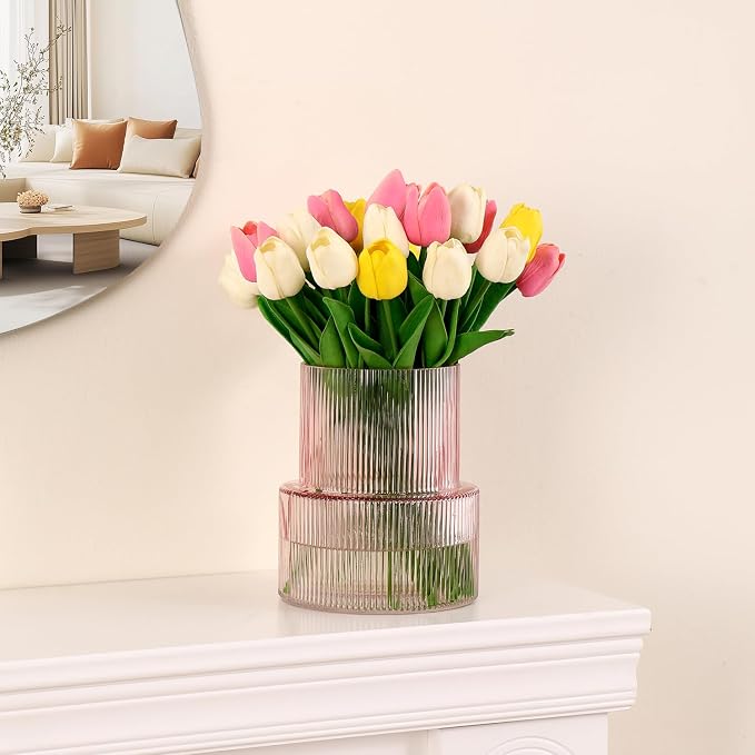 Pink Glass Vase, Ribbed Glass Vase - Image 7