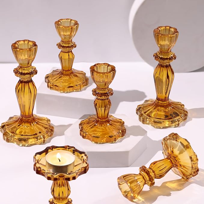 Amber Candlestick Holders Set of 6, Glass Taper Candle Holders | 4.3" H & 6.3" H by Simeitol