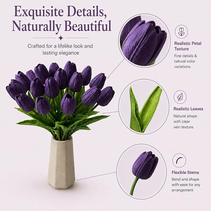 Mandy's 20pcs Artificial Dark Purple Tulips | 13.5 Inch Lifelike PU Tulips Faux - Image 4