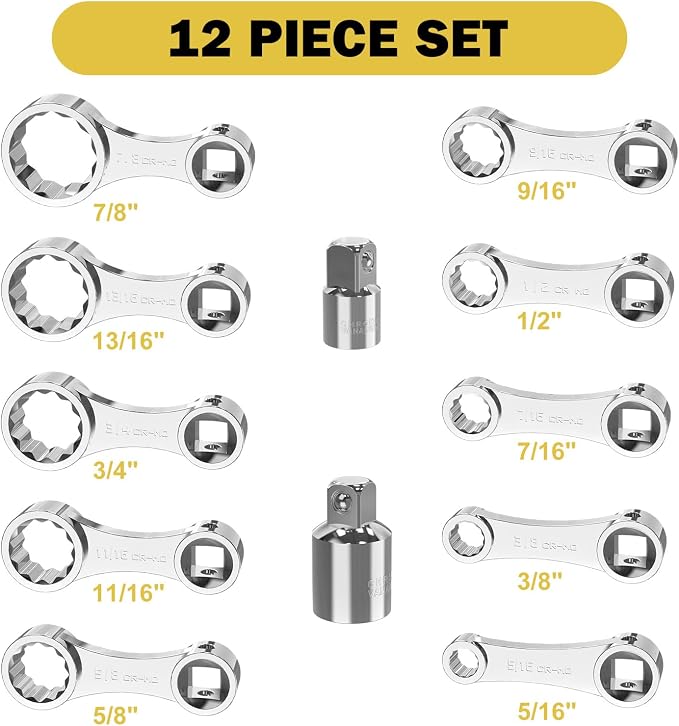 12 Pcs SAE Torque Adapter Set, 5/16"-7/8", 3/8" 12-Point Extension | Cr-Mo Steel - Image 2