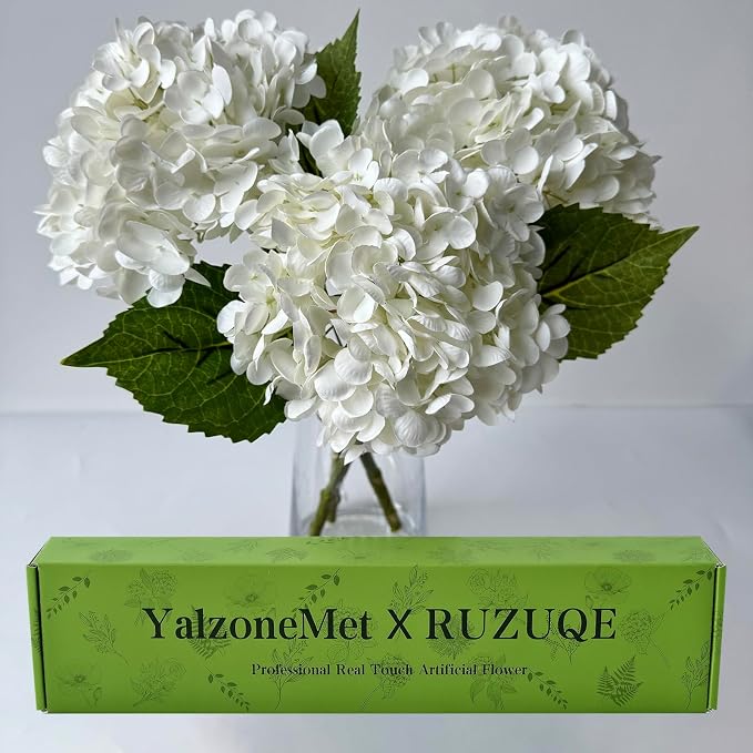 YalzoneMet 3 PCS White Hydrangea Artificial Flowers 21 inchs Real Touch Faux by YalzoneMet