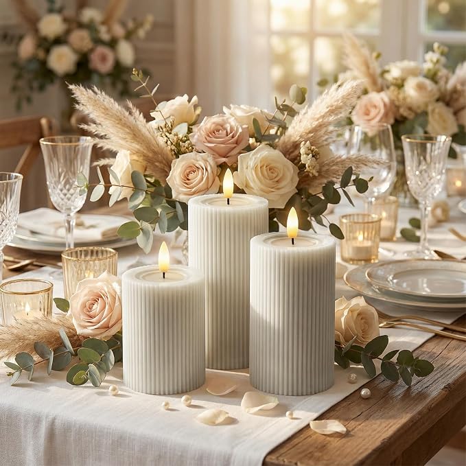 Fluted Ribbed LED Pillar Candles, Cream Beige, - Image 6