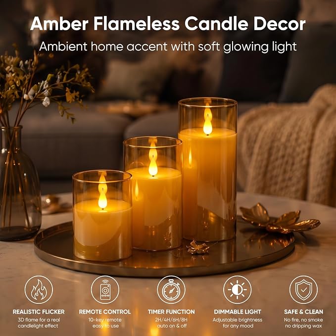 Homemory Amber Flameless Candles, Battery Operated Acrylic LED Pillar Candles - Image 2