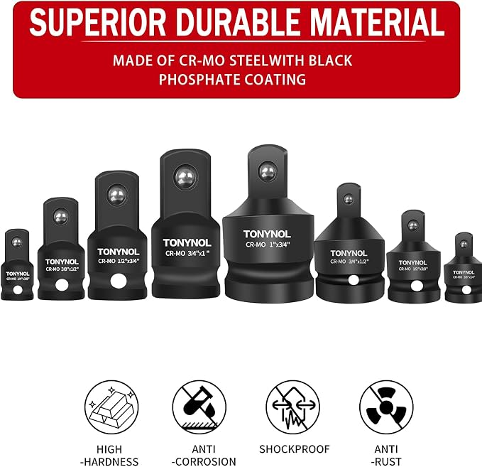 TONYNOL 8 Piece Impact Socket Adapter and Reducer Set | 1/4" 3/8" 1/2" 3/4" - Image 4