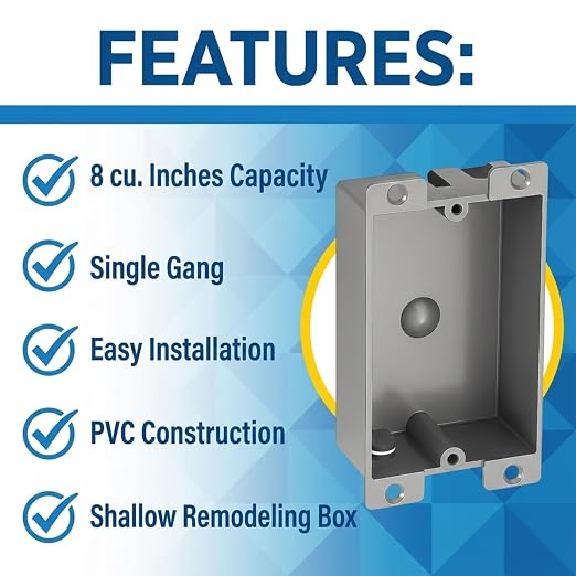 6 Pack Shallow Outlet Box 8 Cubic Single Gang Old Work Junction Box – Grey - Image 3