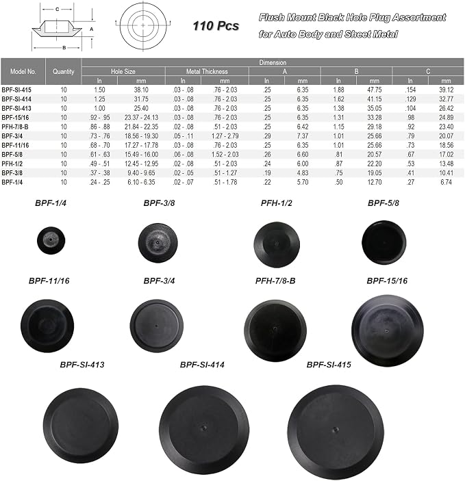 110pcs Flush Mount Black Hole Plug Assortment - Image 2