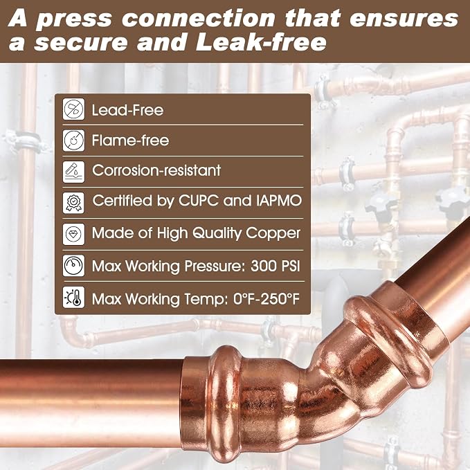Copper Press Fittings 1/2inch, 12PK Copper Coupling 45 Degree Elbow Coupling | - Image 3