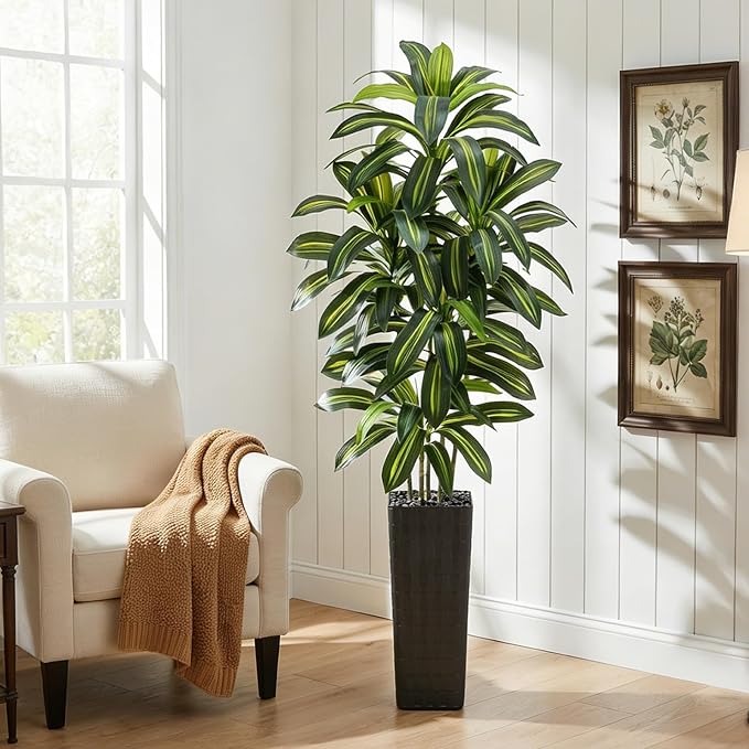 Artificial Dracaena Tree: 7FT Fake Plants Silk Faux Trees（Black Pot） | - Image 5