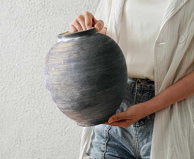 Black Ceramic Flower Vase, 9.8" H, Large Round Table Vase - Image 2