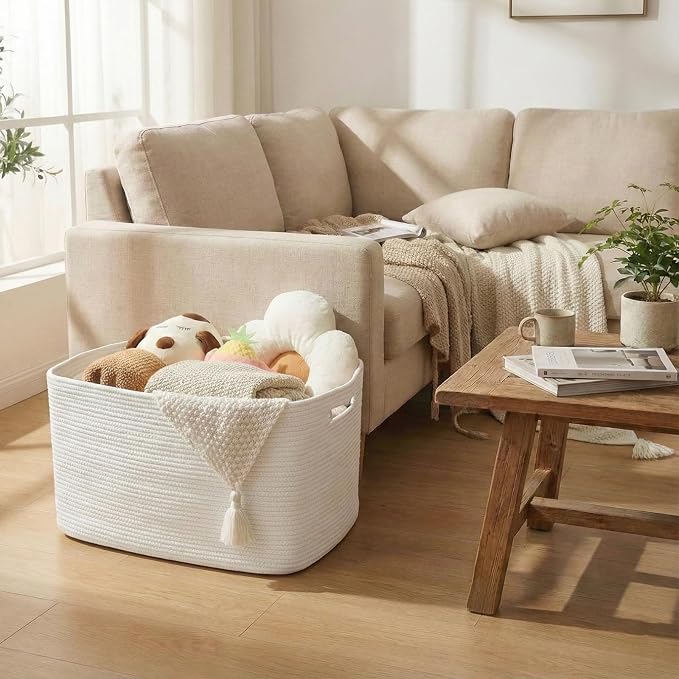 JMvicyroam 96L Large Woven Cotton Rope Blanket Basket, Freestanding - Image 2