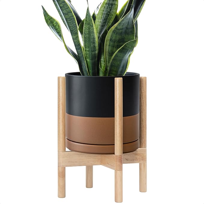 D'vine Dev Ceramic Pot with Natural Wood Stand, 10 in, 55-B-K-7 | Mid-Century by DvineDevPlanterPotsandStand