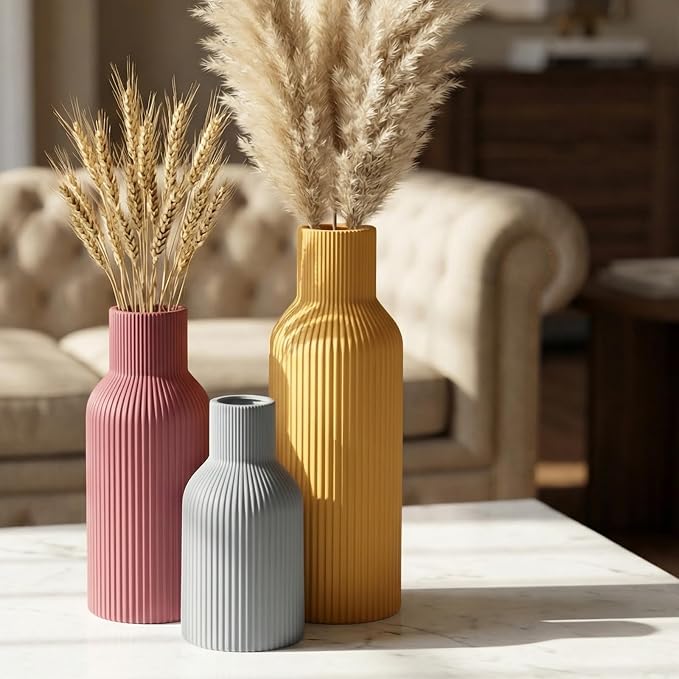 Colorful Ceramic Vases Set of 3, Matte Vertical Ribbed, Minimalist - Image 3