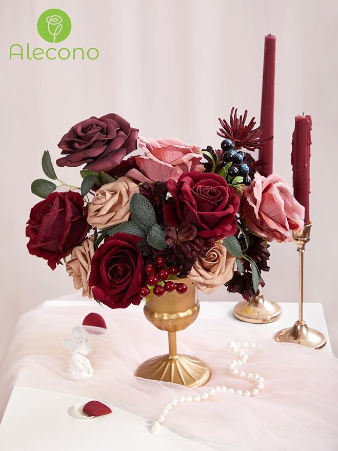 Alecono Burgundy Artificial Flowers, Silk Fake Roses Floral Set | - Image 7