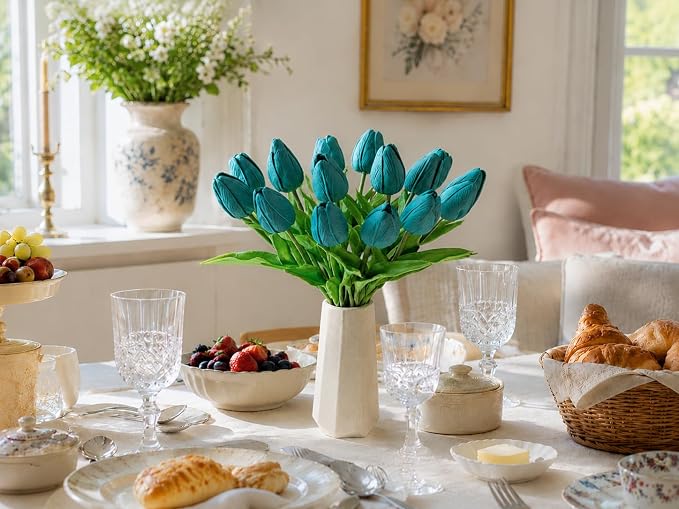 Mandy's 20pcs Artificial Teal Tulips | 13.5 Inch Lifelike PU Tulips Faux Floral - Image 7