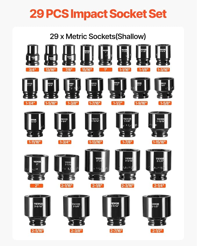 VEVOR 3/4 Inch Impact Socket Set, SAE 3/4-2-1/2 Inch | 6-Point Sockets - Image 3