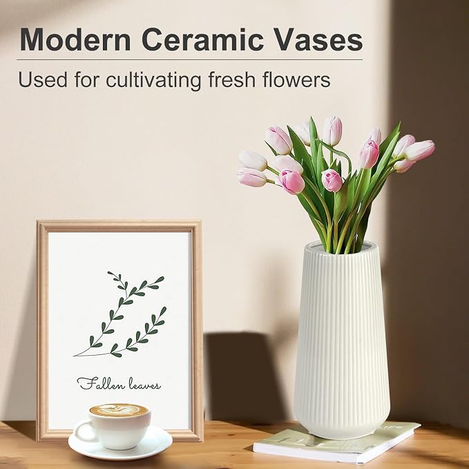 White Ceramic Vase for Flowers, Tall Home Decor Vase - Image 3