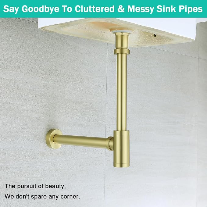Brass Round Bottle P-Trap with Pop Up Drain Stopper with Overflow, 1 1/4 - Image 4