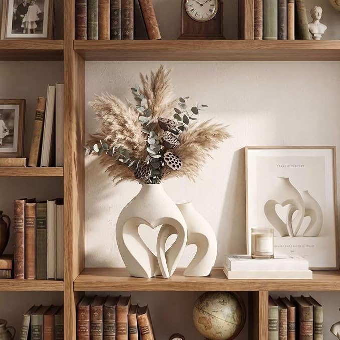 White Ceramic Flower Vase Home Table Decor Heart Shaped Vase Set of 2 | Boho - Image 5