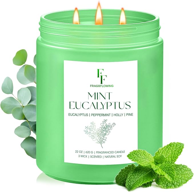 Mint Eucalyptus Large Scented Candle, 3-Wick 22oz Long Lasting Scented Candle by FFFRAGRFLOWING