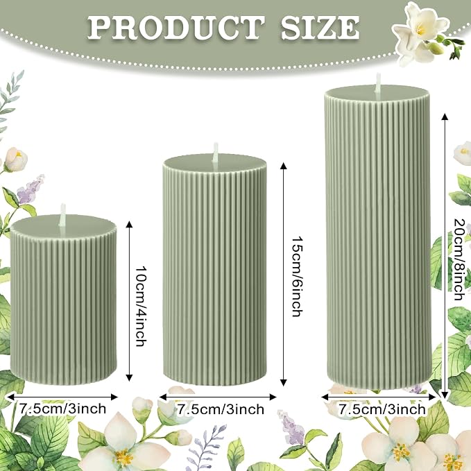 Conelist Ribbed Pillar Candles Set of 3, Width 3" High 4" 6" 8", Bean Green - Image 2