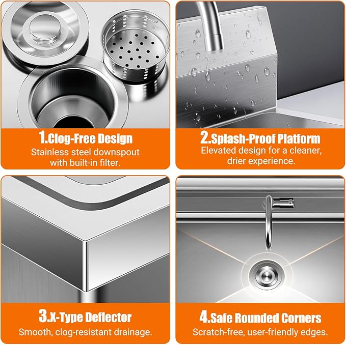 Garvee Stainless Steel Utility Sink, Commercial Kitchen Single Bowl Sink - Image 3