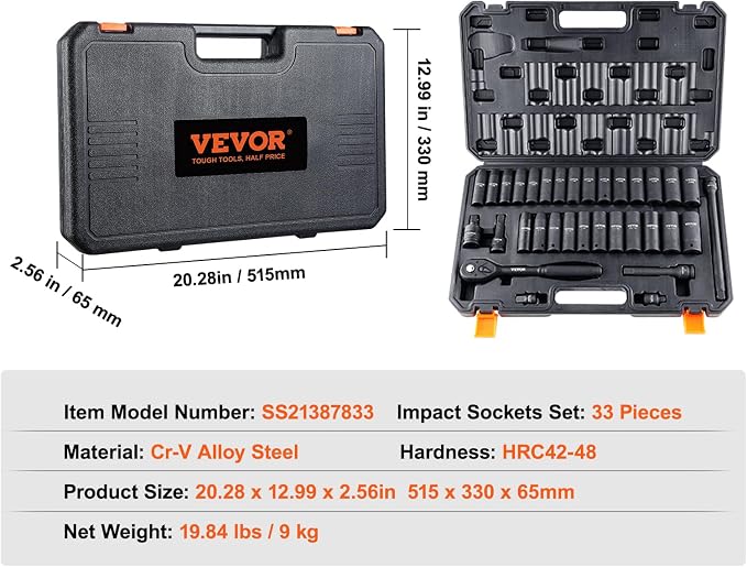 VEVOR Impact Socket Set 1/2" Drive, 33-Piece SAE & Metric Size, 6 Point - Image 7