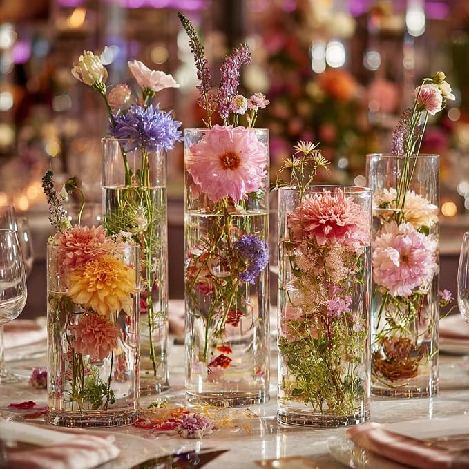 Clear Glass Vase for Centerpieces, 10 inch Tall Set of 5 Cylinder Flower Vase - Image 4