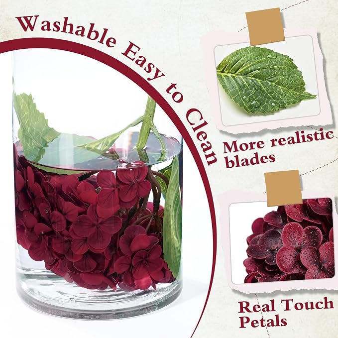 Red Burgundy Hydrangea Artificial Flowers, Faux Hydrangea Flowers, Latex - Image 5
