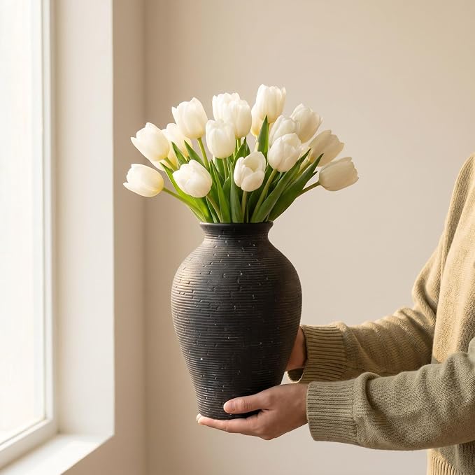 9.06 Inch Tall Vintage Ceramic Flower Vase, Rustic Farmhouse Vase - Image 3