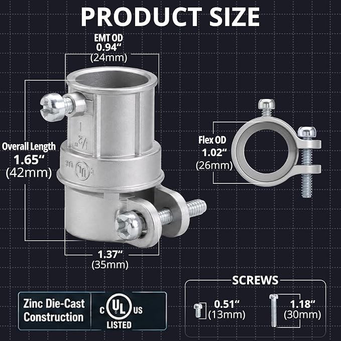 1/2 in. Squeeze EMT to Flex Coupling, UL Listed, 5 Pack | Zinc Die-Cast Body - Image 2