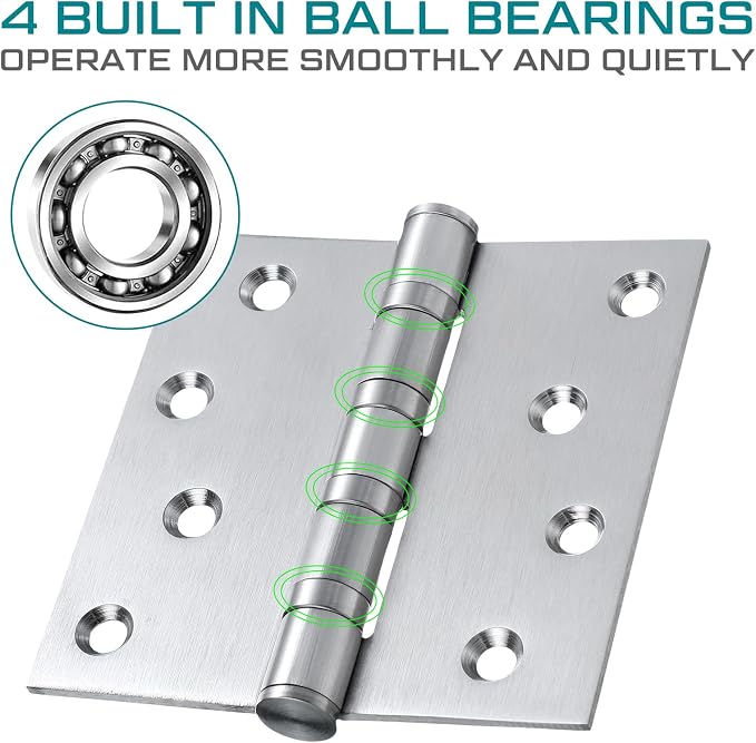 6 Pcs Silver 4'' Ball Bearing Door Hinges, Square Corner | Stainless Steel - Image 5