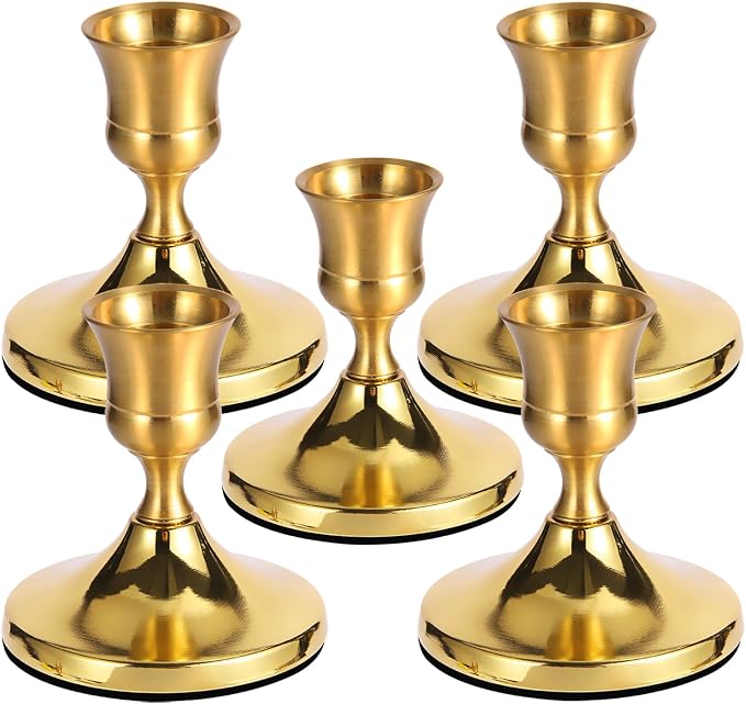 5 Pcs Gold Taper Candle Holders Set, Vintage Metal Candlestick Holders by NCJXWZ