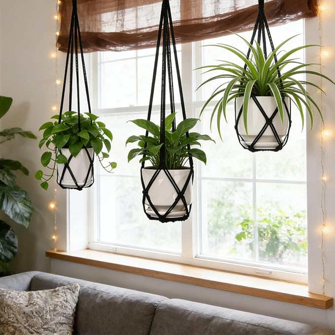 YIBOT Black Macrame Plant Hanger Indoor Hanging Planter Basket | 3 Pack Crochet - Image 4