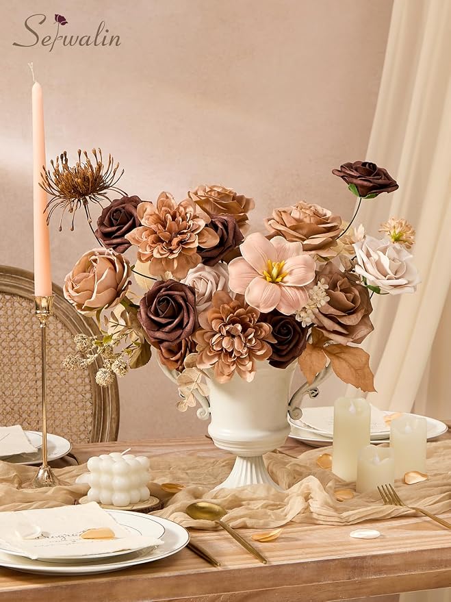Serwalin Brown & Apricot Artificial Flowers, Silk Fall Flowers - Image 3