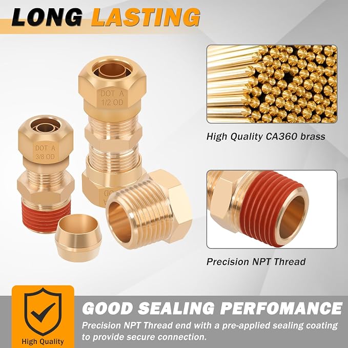 135 Pcs DOT Air Brake Line Fittings, 1/4" 3/8" 1/2" Brass DOT Compression Air - Image 3