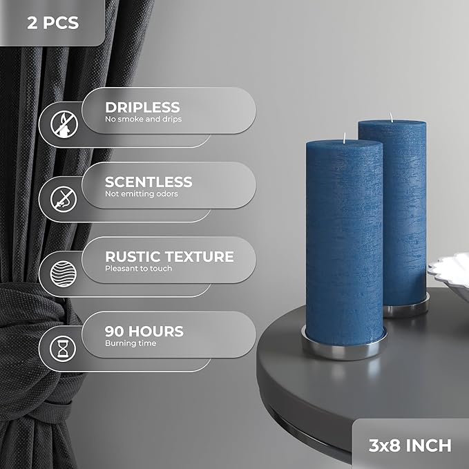 Dark Blue Pillar Candles 3x8 Inch – Set of 2 Unscented Dripless Large Candles - Image 3